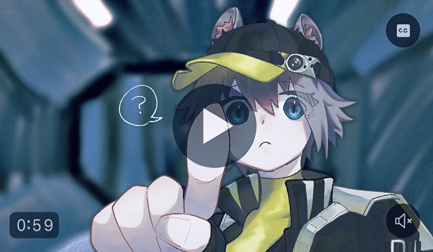 1girl ? animal_ears arknights baseball_cap black_hat black_jacket blue_eyes click_(arknights) closed_mouth commentary_request fake_play_button fake_video frown grey_hair hand_up hat jacket looking_at_viewer mouse_ears mouse_girl o_eeee_o open_clothes open_jacket portrait shirt short_hair solo_focus spoken_question_mark twitter yellow_shirt