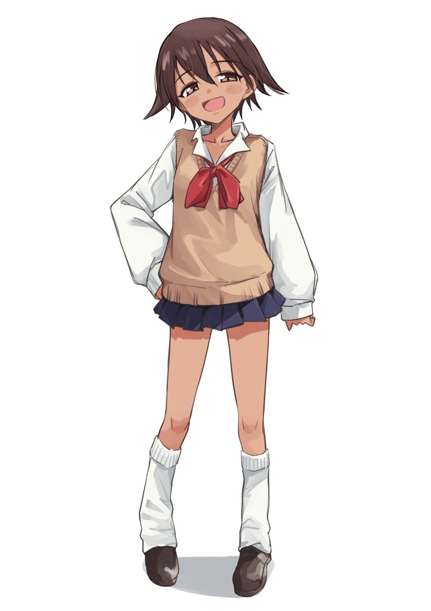 1girl alternate_costume blue_sky blush brown_eyes brown_hair full_body highres looking_at_viewer miyafuji_yoshika momendoufu open_mouth red_sailor_collar sailor_collar school_uniform shirt shoes short_hair simple_background skirt sky socks standing strike_witches sweater tan white_background white_shirt white_socks world_witches_series