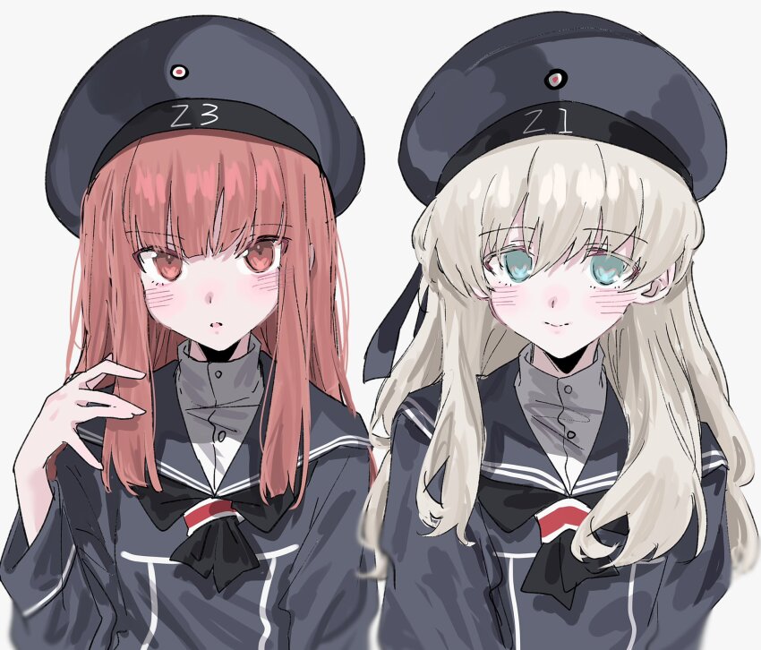 2girls alternate_hair_length alternate_hairstyle aogisa black_dress black_hat black_neckerchief black_sailor_collar blue_dress blue_eyes blue_hat blue_sailor_collar blush closed_mouth clothes_writing dress grey_background grey_hair hair_between_eyes hat highres kantai_collection long_hair looking_at_viewer multiple_girls neckerchief parted_lips peaked_cap sailor_collar sailor_dress sailor_hat simple_background upper_body white_background z1_leberecht_maass_(kancolle) z3_max_schultz_(kancolle)