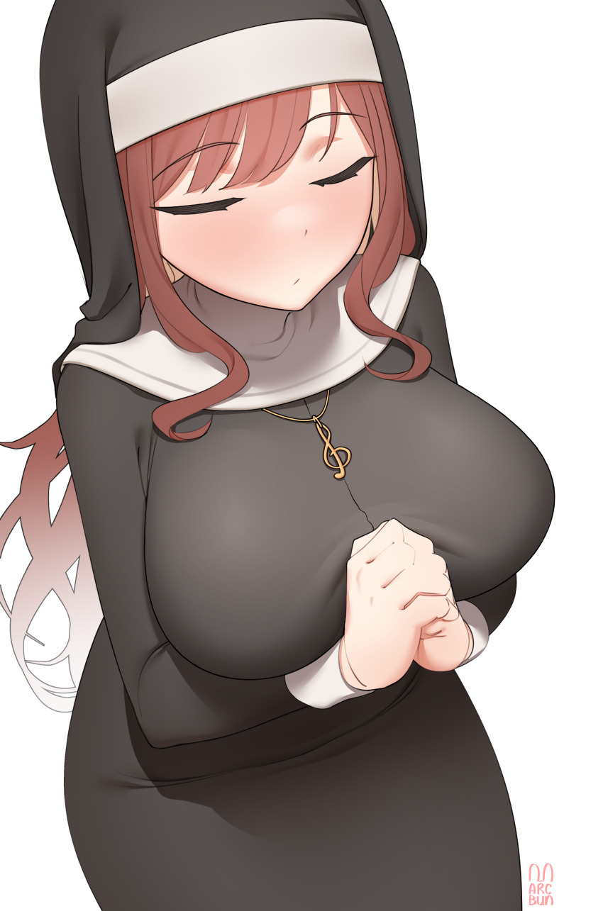 1girl absurdres alternate_costume artist_name black_dress blush breasts brown_hair closed_eyes dress from_above habit highres indie_virtual_youtuber jewelry kijikoru large_breasts long_hair long_sleeves looking_at_viewer miori_celesta necklace nose_blush nun own_hands_clasped own_hands_together simple_background solo swept_bangs traditional_nun treble_clef very_long_hair virtual_youtuber white_background