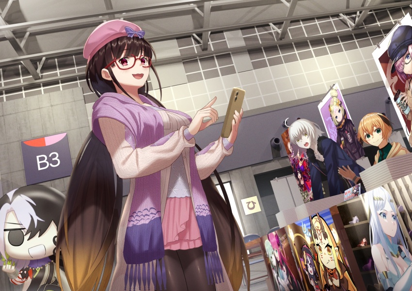 3girls abigail_williams_(fate) abigail_williams_(traveling_outfit)_(fate) ashiya_douman_(fate) beppu_mitsunaka beret bow brown_hair cellphone character_request commentary_request convention elizabeth_bathory_(fate) fate/grand_order fate_(series) gareth_(fate) gradient_hair hat hat_bow highres holding holding_phone houzouin_inshun_(fate) ibaraki_douji_(fate) indoors jeanne_d&#039;arc_(fate) jeanne_d&#039;arc_alter_(avenger)_(fate) jeanne_d&#039;arc_alter_(fate) jeanne_d&#039;arc_alter_(ver._shinjuku_1999)_(fate) kiyohime_(fate) long_hair mash_kyrielight miyamoto_musashi_(fate) mochizuki_chiyome_(fate) multicolored_hair multiple_girls official_alternate_costume osakabehime_(fate) osakabehime_(traveling_outfit)_(fate) pantyhose phone pink_headwear pink_skirt purple_bow purple_scarf red-framed_eyewear scarf semi-rimless_eyewear shuten_douji_(fate) skirt smartphone sweater very_long_hair