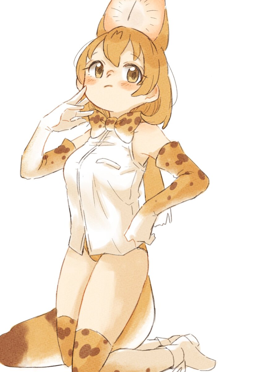 0nanaten 1girl animal_ears animal_print bare_shoulders blonde_hair blush_stickers bow bowtie commentary elbow_gloves extra_ears gloves hair_between_eyes highres kemono_friends kneeling looking_at_viewer medium_hair no_pants panties print_bow print_bowtie print_gloves print_thighhighs serious serval_(kemono_friends) shirt simple_background sleeveless sleeveless_shirt solo tail thighhighs underwear white_background white_shirt yellow_eyes yellow_panties