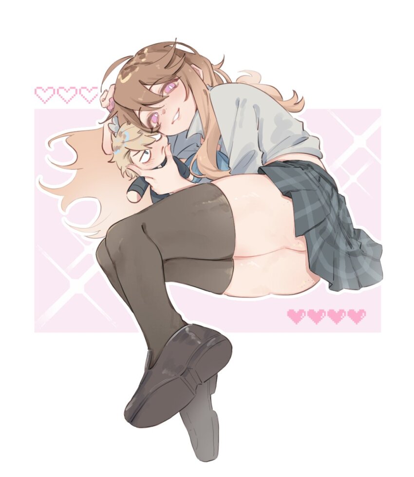 1girl ass black_shoes black_thighhighs blue_skirt blush brown_hair character_doll commentary degrees_of_lewdity gift_art heart highres holding loafers long_hair lying miniskirt on_side pink_eyes plaid_clothes plaid_skirt player_character_(degrees_of_lewdity) player_character_(female)_(degrees_of_lewdity) pleated_skirt school_uniform shirt shoes simple_background skirt symbol-only_commentary thighhighs whitney_(degrees_of_lewdity) whitney_(male)_(degrees_of_lewdity) you_niao