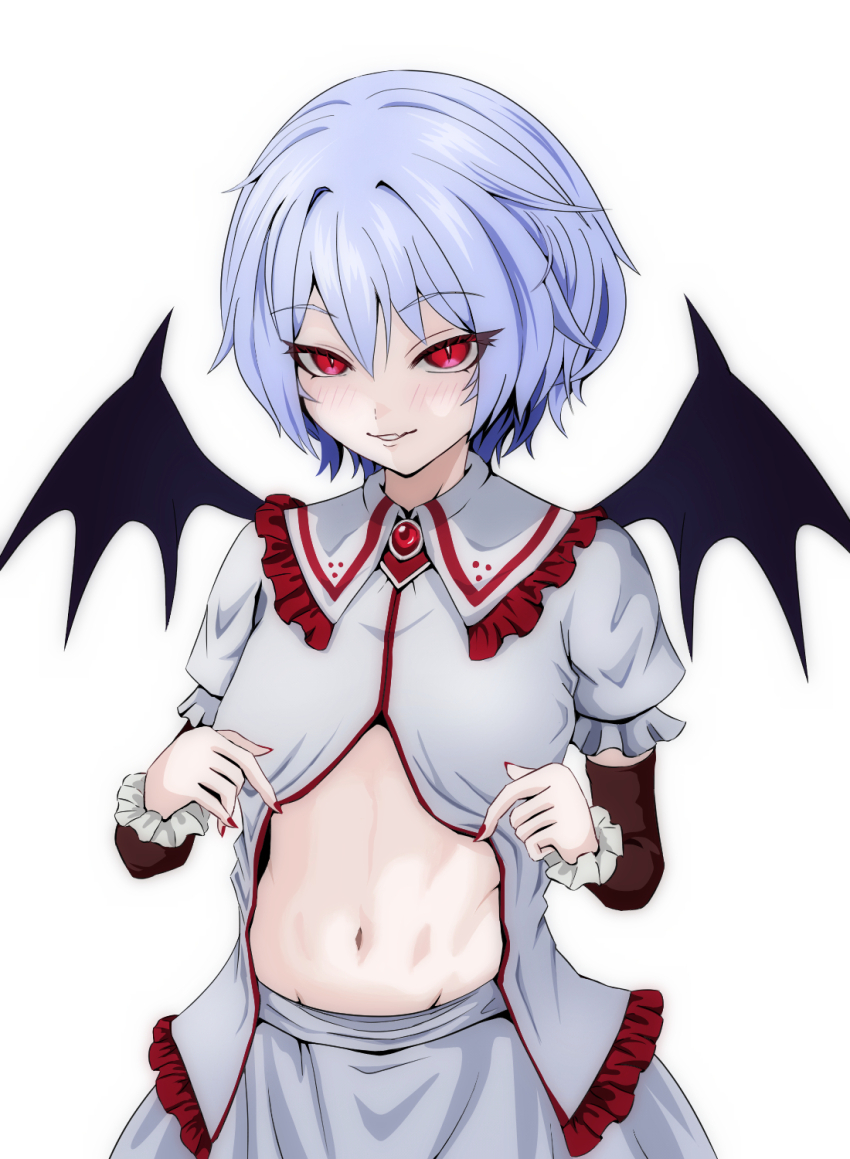 1girl black_sleeves hair_between_eyes highres long_sleeves looking_at_viewer merihari07 nape open_clothes open_shirt parted_lips puffy_short_sleeves puffy_sleeves purple_hair red_eyes remilia_scarlet shirt short_hair short_sleeves skirt slit_pupils solo stomach swimsuit touhou white_shirt white_skirt