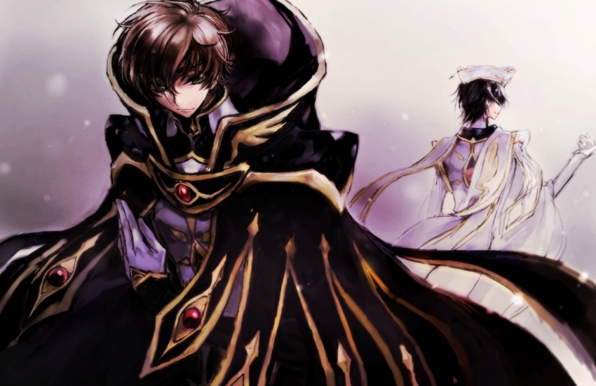 2boys black_hair brown_hair c_(rahit) cape code_geass gloves green_eyes kururugi_suzaku lelouch_vi_britannia male_focus multiple_boys rahit short_hair