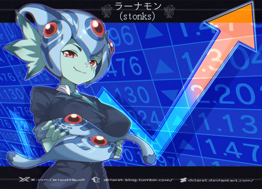 1girl alternate_costume arms_under_breasts black_jacket blue_hat breasts colored_skin cowboy_shot dclaret digimon digimon_(creature) fang fins green_skin hat head_fins highres jacket large_breasts looking_at_viewer meme ranamon red_eyes shirt smile solo stonks_(meme) white_shirt