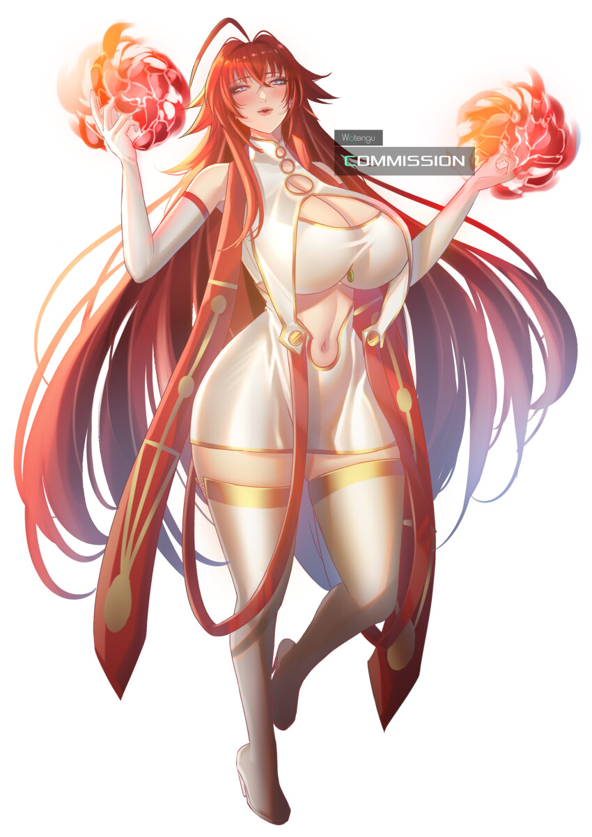 1girl absurdres ahoge artist_name blue_eyes boots breasts cleavage clothing_cutout commentary commission cosplay dress dress_of_heaven elbow_gloves english_commentary fire full_body gloves hair_between_eyes high_school_dxd highres huge_ahoge huge_breasts irisviel_von_einzbern irisviel_von_einzbern_(caster) irisviel_von_einzbern_(caster)_(cosplay) lips long_hair looking_at_viewer navel_cutout red_hair rias_gremory sleeveless sleeveless_dress solo standing standing_on_one_leg thigh_boots very_long_hair white_background white_boots white_dress white_gloves wotengu