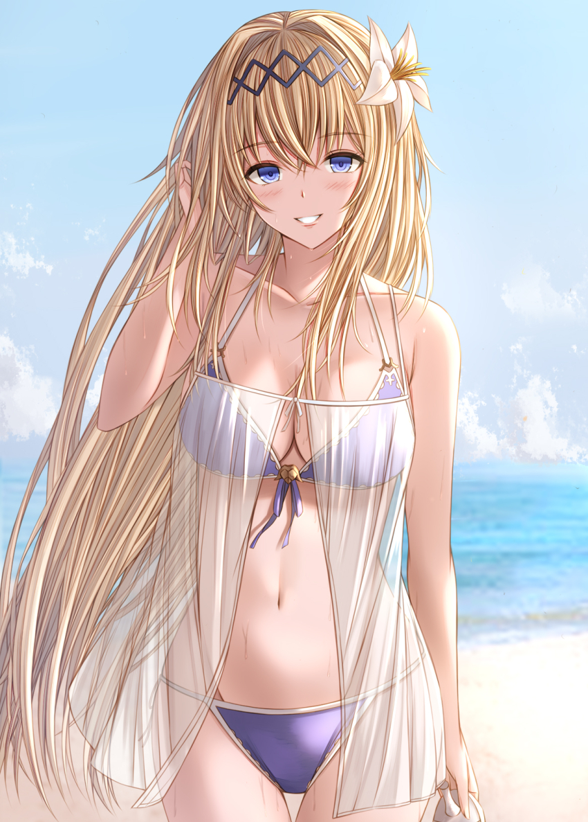 1girl bare_shoulders beach bikini blonde_hair blue_bikini blue_eyes blue_sky breasts cleavage cowboy_shot flower granblue_fantasy hair_flower hair_ornament hand_in_own_hair highres jeanne_d&#039;arc_(granblue_fantasy) kanpyou_(hghgkenfany) light_blush long_hair looking_at_viewer medium_breasts navel parted_lips sky smile solo swimsuit very_long_hair white_flower