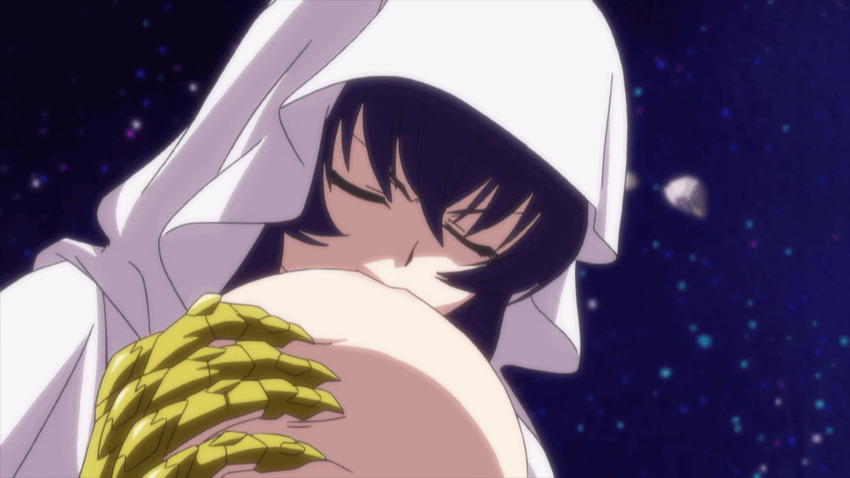 1girl animated animated_gif aroused blue_hair blush breast_sucking breastfeeding breasts closed_eyes feeding gauntlets golden_tomo highres hood huge_breasts in_heat large_breasts large_nipples leaking long_hair looping_animation milking mind_control nipples possessed robe seikon_no_qwaser sucking_own_breasts uno_makoto white_robe yamanobe_tomo