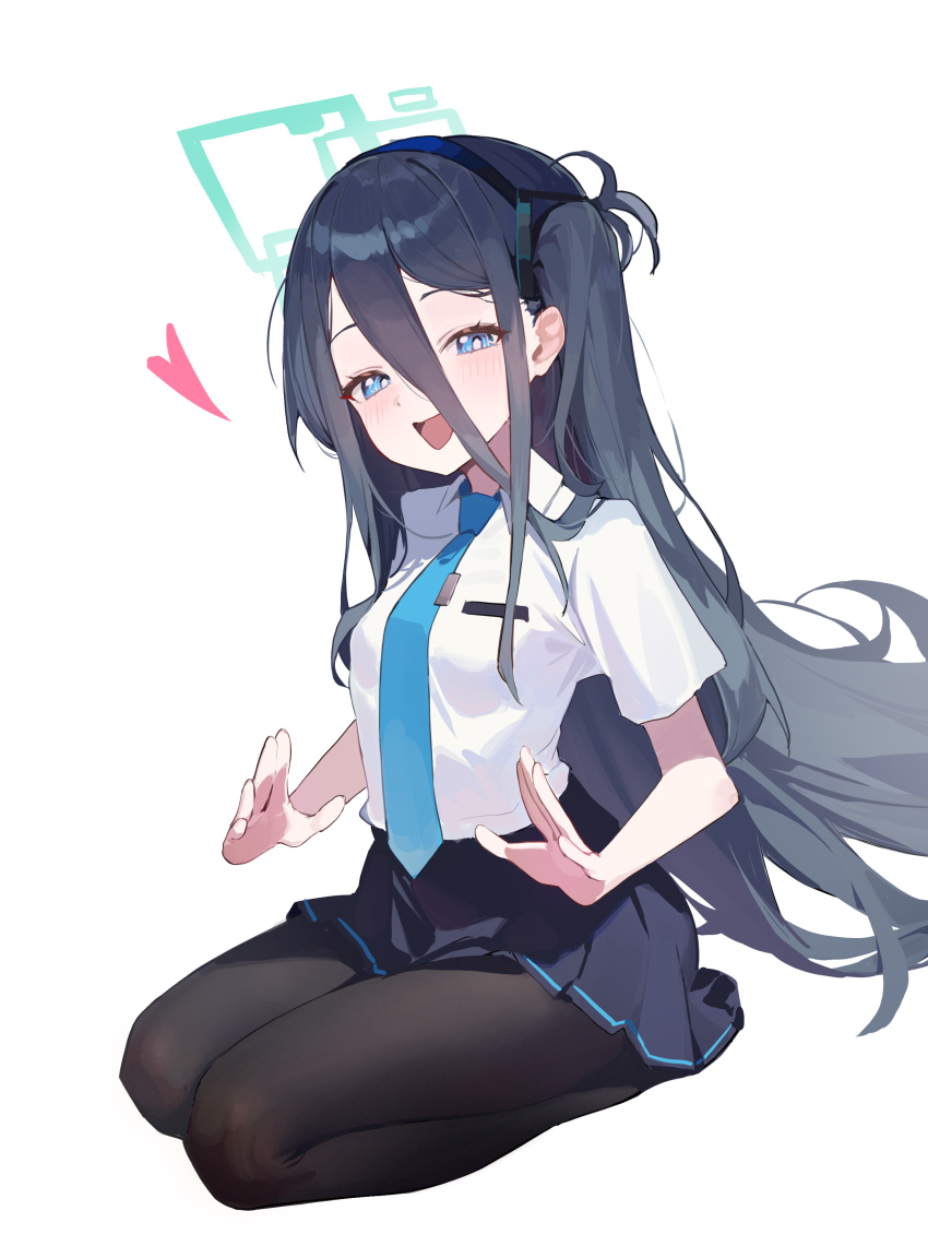 1girl absurdres aris_(blue_archive) black_hair black_hairband blue_archive blue_eyes blue_necktie blue_skirt blush hair_between_eyes hairband highres kneeling long_hair looking_at_viewer necktie one_side_up open_mouth shirt short_sleeves sidelocks sitting skirt suye wariza white_shirt