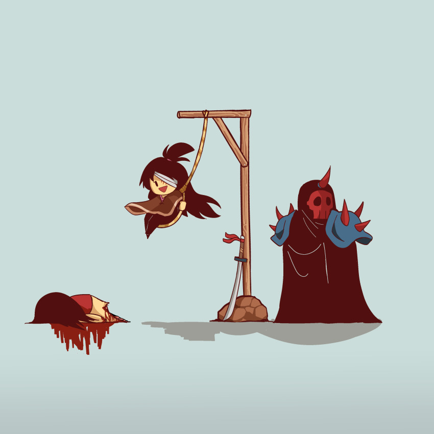 absurdres bandage_over_one_eye blood buddy_(lisa) corpse fake_horns happy highres horned_headwear horns katana lanxcer lisa_(series) lisa_the_joyful lisa_the_painful long_hair mask noose playing poncho rando_(lisa) rope shoulder_spikes skull_mask spikes swinging sword weapon