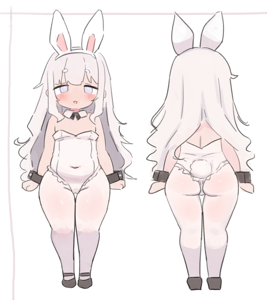 1girl :d animal_ears ass backless_outfit bare_arms bare_shoulders black_shoes blush borrowed_character collar commentary_request detached_collar fake_animal_ears grey_eyes grey_hair hairband highres leotard long_hair multiple_views open_mouth original pantyhose playboy_bunny rabbit_ears rabbit_tail sa_ka_(sakanoya) shoes short_eyebrows smile strapless strapless_leotard tail thick_eyebrows very_long_hair white_background white_collar white_hairband white_leotard white_pantyhose wing_collar wrist_cuffs