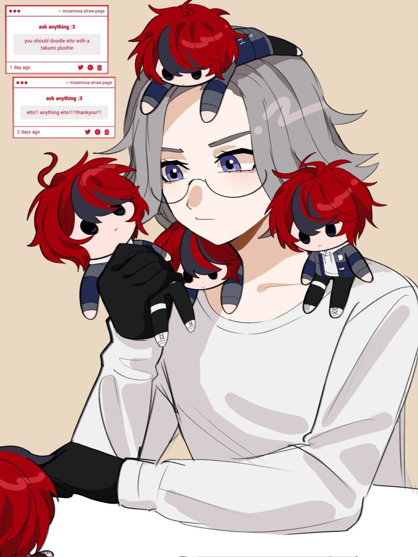 2boys ahoge aotsuki_eito black_eyes black_gloves black_hair blue_eyes chibi closed_mouth collarbone full_body glasses gloves grey_hair highres holding_chibi hood hoodie long_sleeves male_focus messy_hair multicolored_hair multiple_boys red_hair request_inset shirt streaked_hair sumino_takumi the_hundred_line_-last_defense_academy- upper_body white_hoodie white_shirt yellow_background zero_(misamxsa08)