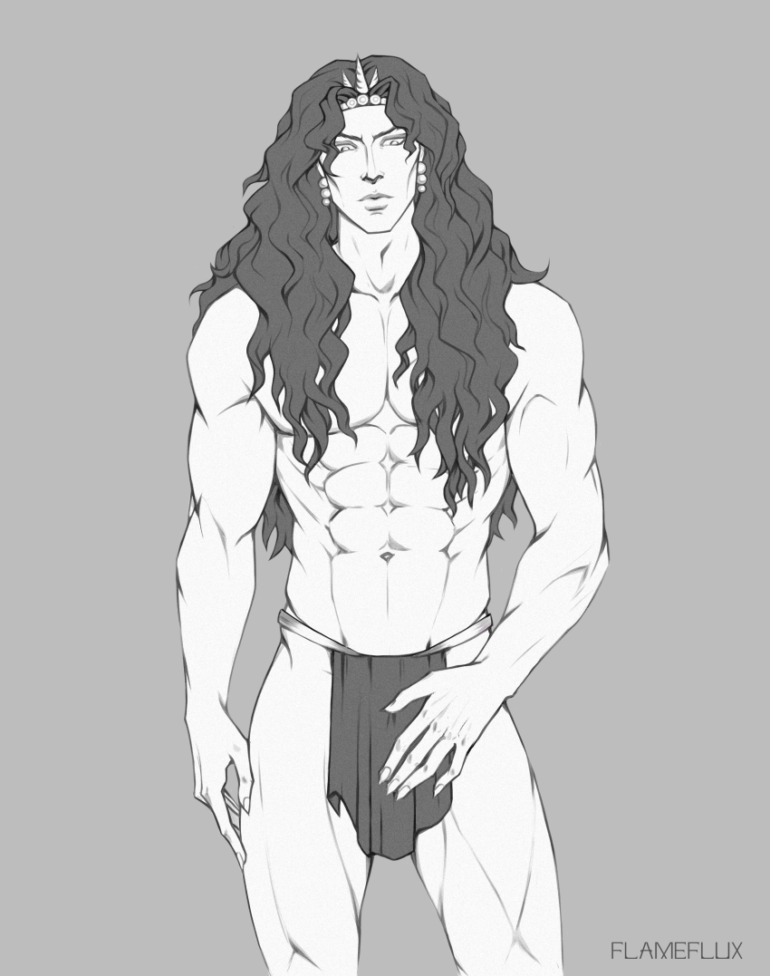 abs absurdres armor bare_arms bare_hips bare_legs bare_shoulders biceps breastplate claws earrings flameflux highres horns jewelry jojo_no_kimyou_na_bouken jojo_pose kars_(jojo) long_hair looking_at_viewer male_focus muscular muscular_male single_earring solo standing thighs thong vampire very_long_hair wavy_hair