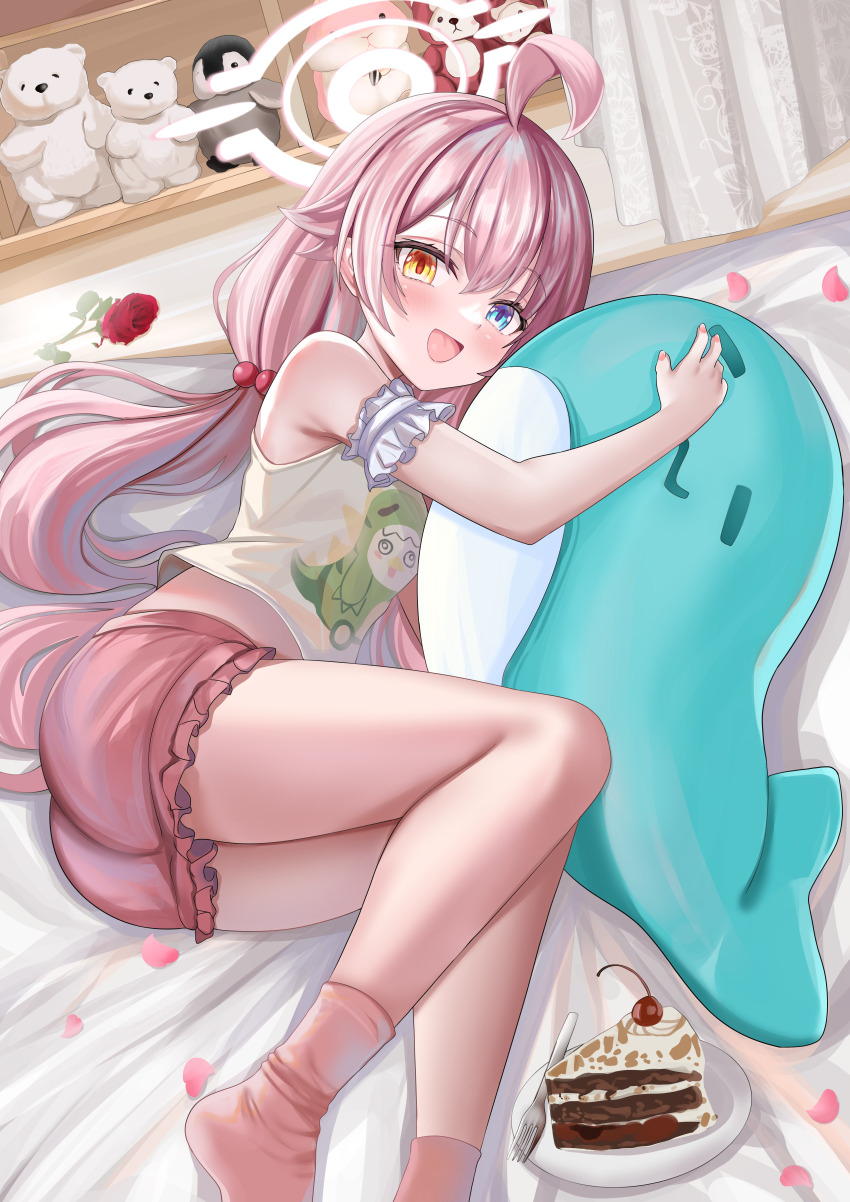 1girl absurdres ahoge bare_shoulders blue_archive blue_eyes blush breasts cake cake_slice flower food hair_bobbles hair_ornament halo heterochromia highres hoshino_(blue_archive) jinpaitugounan looking_at_viewer lying on_side open_mouth petals pink_hair pink_halo pink_shorts pink_socks red_flower red_rose rose shirt shorts sleeveless sleeveless_shirt small_breasts smile socks solo stuffed_animal stuffed_toy stuffed_whale teddy_bear twintails white_shirt yellow_eyes