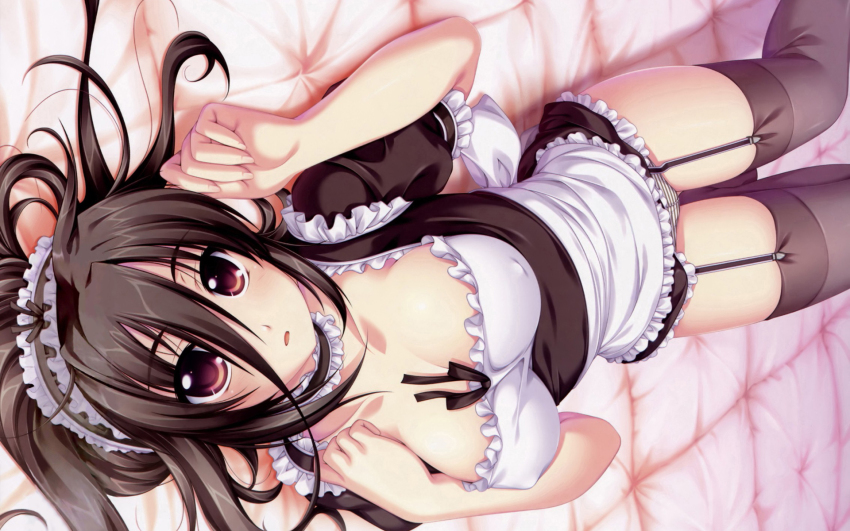 1girl alpha_(yukai_na_nakamatachi) bed black_hair blush bonnet breasts brown_eyes brown_hair cleavage clothes_lift covered_erect_nipples female_focus frills from_above g-senjou_no_maou garter_straps highres large_breasts long_hair lying maid maid_headdress nipples on_back open_mouth panties pantyshot red_eyes skirt skirt_lift solo striped_clothes striped_panties thighhighs underwear usami_haru