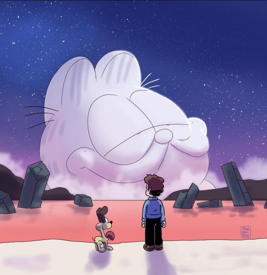 1boy artist_name black_pants blue_shirt blue_sky brown_footwear brown_hair cat dog full_body garfield garfield_(character) giant horizon jon_arbuckle lcl meme neon_genesis_evangelion odie_(garfield) pants parody ruins ryan_gilleece shirt shoes short_hair sky standing star_(sky) starry_sky the_end_of_evangelion third-party_source
