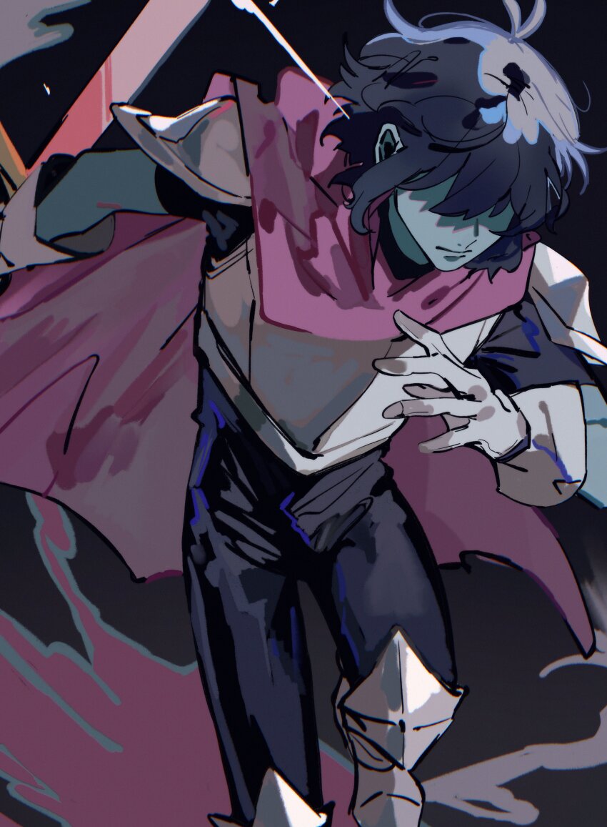 1other absurdres akmizuk armor armored_boots black_pants blue_hair blue_skin boots breastplate cape colored_skin commentary deltarune english_commentary foot_out_of_frame gloves hair_over_eyes highres holding holding_sword holding_weapon kris_(dark_world)_(deltarune) kris_(deltarune) medium_hair other_focus pants partially_shaded_face pauldrons pink_cape shoulder_armor solo standing sword weapon white_gloves