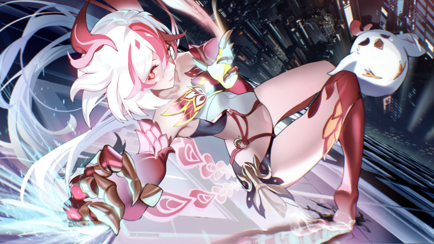 1girl absurdres armpits black_shoes boots breasts building chinese_commentary cityscape commentary_request fu_hua fu_hua_(garuda) highres honkai_(series) honkai_impact_3rd jingwei_(bird) long_hair micro_shorts multicolored_hair navel red_boots red_claws red_eyes red_hair shoes shorts skyscraper small_breasts spectacled_snake stomach streaked_hair thighs two-tone_hair white_hair