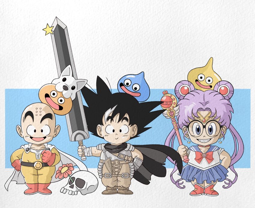 1girl 2boys armor bald bandages belt berserk bishoujo_senshi_sailor_moon black_cape black_eyes black_hair blue_eyes blue_sailor_collar blue_skirt bodysuit boots bow cape choker circlet clenched_hand cosplay double_bun dr._slump dragon_ball dragonslayer_(sword) eyelashes flower glasses gloves greatsword grin guts_(berserk) guts_(berserk)_(cosplay) hair_bun hand_up heart heart_choker highres holding holding_sword holding_wand holding_weapon huge_weapon kuririn long_hair looking_at_viewer magical_girl moon_stick_(sailor_moon) multicolored_hair multiple_boys no_nose norimaki_arale one-punch_man parody parted_bangs pleated_skirt ponytail purple_hair red_bow red_choker red_footwear red_gloves ribbon sailor_collar sailor_senshi sailor_senshi_uniform saitama_(one-punch_man) saitama_(one-punch_man)_(cosplay) school_uniform serafuku shirt skirt skull slime_(dragon_quest) smile son_goku spiked_hair star_(symbol) streaked_hair style_parody superhero_costume sword toriyama_akira_(style) tsukino_usagi tsukino_usagi_(cosplay) twintails wand weapon wesatinthecar white_cape white_hair yellow_bodysuit