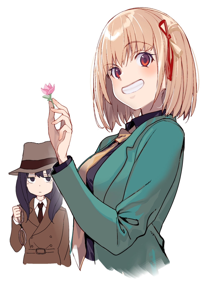 2girls arsene_lupin_iii arsene_lupin_iii_(cosplay) black_hair black_shirt blonde_hair brown_coat coat collared_shirt commentary_request cosplay cuffs flower grin handcuffs highres kurumi_(lycoris_recoil) lupin_iii lycoris_recoil multiple_girls necktie nishikigi_chisato red_eyes shirt short_hair smile trench_coat tsukudani_(ore624) upper_body yellow_necktie zenigata_kouichi zenigata_kouichi_(cosplay)