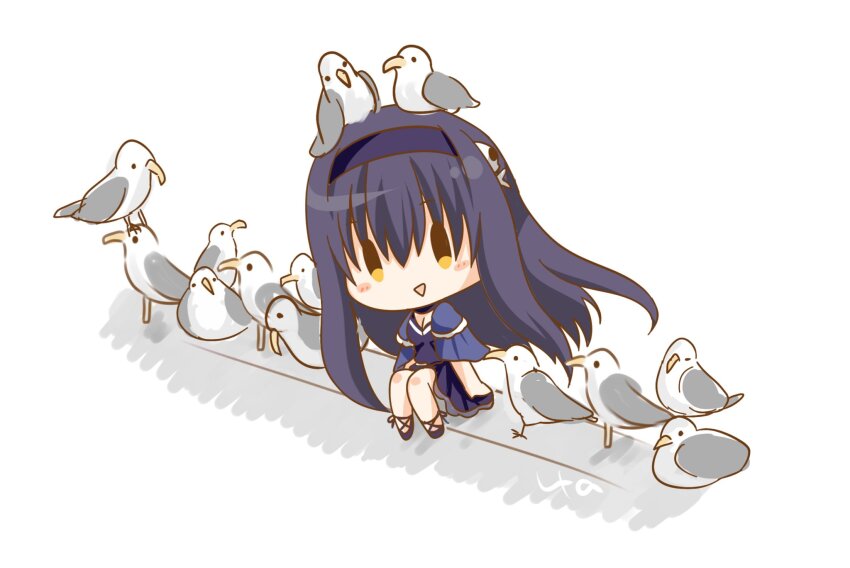 1girl bird black_hair blue_capelet blue_dress blue_hairband blush bone_hair_ornament breasts capelet chibi cleavage dress frilled_capelet frills full_body hair_ornament hairband highres kushima_kamome long_hair looking_at_viewer open_mouth seagull shoes simple_background sitting skull_and_crossbones skull_hair_ornament solo summer_pockets ura_(ura-tennislove) white_background yellow_eyes