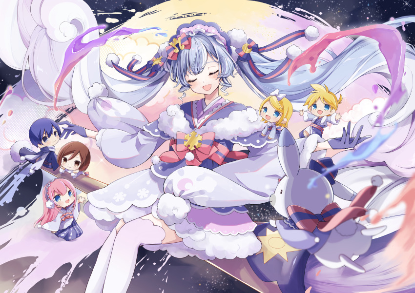 absurdres blonde_hair blue_eyes blue_gloves blue_hair bonnet bow bowtie brown_hair calligraphy_brush closed_eyes gloves hair_ribbon hatsune_miku highres japanese_clothes kaito_(vocaloid) long_hair megurine_luka meiko_(vocaloid) nagitofuu obi open_mouth paintbrush pink_hair rabbit ribbon sash sitting sitting_on_object smile star_(sky) thighhighs twintails vocaloid white_thighhighs winter_clothes yuki_miku yuki_miku_(2023)