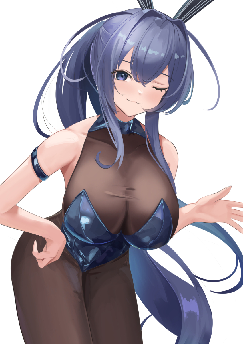 1girl absurdres animal_ears arm_strap azur_lane black_leotard blue_eyes blue_hair blue_leotard bodystocking breasts cleavage closed_mouth fake_animal_ears highres large_breasts leotard long_hair looking_at_viewer new_jersey_(azur_lane) new_jersey_(exhilarating_steps!)_(azur_lane) official_alternate_costume one_eye_closed playboy_bunny rabbit_ears remapack77 see-through_clothes see-through_cleavage simple_background smile solo strapless strapless_leotard very_long_hair white_background