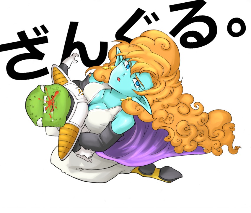 1boy 1girl armor blood blue_eyes blue_skin breasts cape cleavage colored_skin curly_hair dragon_ball dragonball_z drooling earrings extra_eyes ginyu_force green_skin guldo height_difference hug jewelry long_hair midorimidorit nosebleed orange_hair pauldrons pointy_ears shoulder_armor zangya