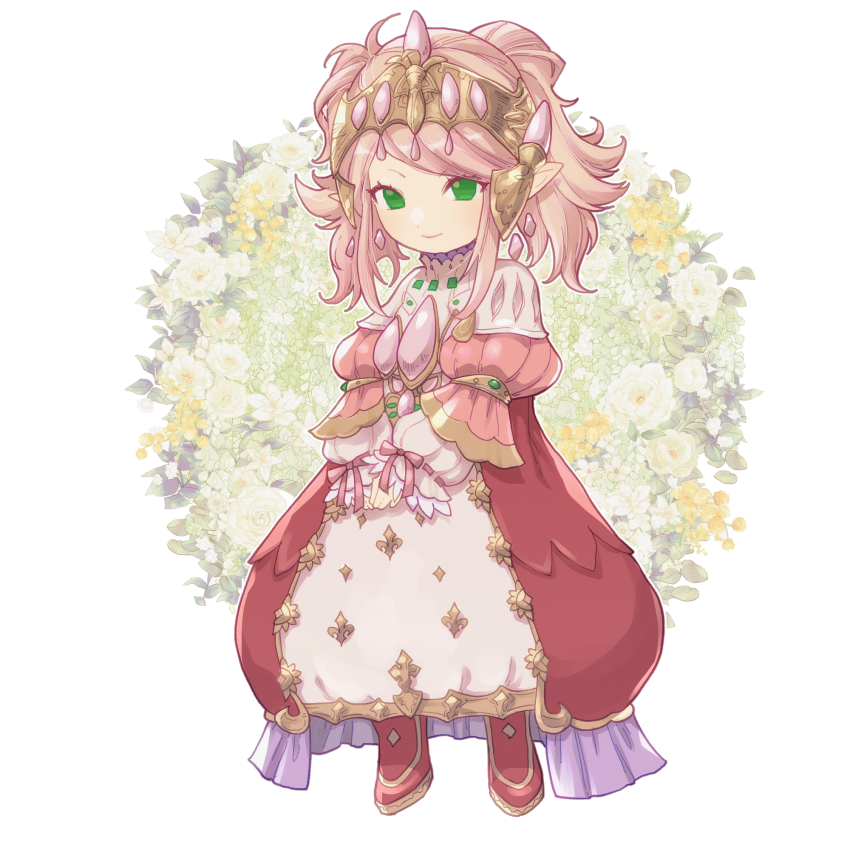 1girl dress final_fantasy final_fantasy_xiv fleur-de-lis floral_background flower fosaster_fenrir frilled_shirt_collar frilled_sleeves frills full_body gown green_eyes headpiece highres lalafell layered_dress layered_sleeves leaf looking_at_viewer medium_hair nanamo_ul_namo no_pupils own_hands_together pink_dress pink_hair pointy_ears puffy_sleeves red_shoes shoes smile solo standing swept_bangs two_side_up v_arms