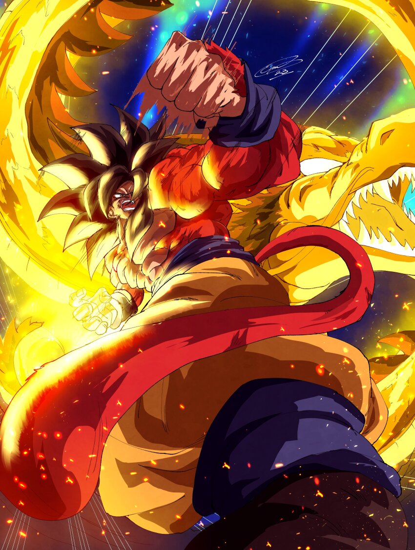 absurdres angry dragon_ball dragon_ball_gt dragon_fist fire highres incoming_attack muscular muscular_male red_fur screaming son_goku super_saiyan super_saiyan_4 tagme tail