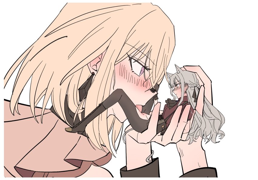 2girls animal_ears bang_dream! bang_dream!_it&#039;s_mygo!!!!! black_gloves blonde_hair blue_hair blush commentary_request cunnilingus gloves highres holding holding_mini_person kira_reader long_hair medium_hair mini_person minigirl misumi_uika multiple_girls oblivionis_(bang_dream!) oral tail tail_wrap togawa_sakiko tongue tongue_out yuri