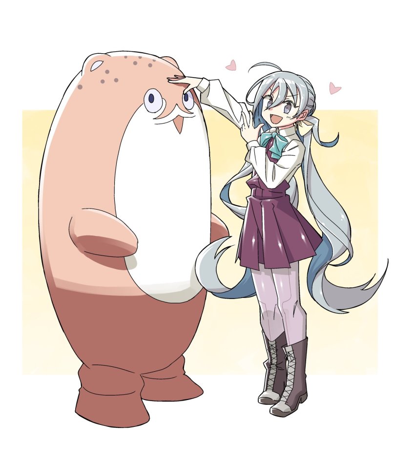 1girl 1other ahoge bokukawauso boots dress full_body grey_eyes grey_hair grey_pantyhose hair_between_eyes hair_bun halterneck highres kantai_collection kazh_(kazu) kiyoshimo_(kancolle) lace-up_boots long_hair low_twintails mascot otter pantyhose school_uniform shirt single_hair_bun sleeveless sleeveless_dress twintails two-tone_background white_background white_shirt
