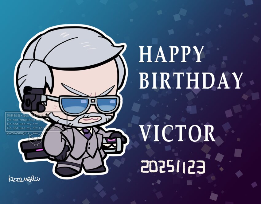 1boy :3 beard character_name chibi chibi_only collared_shirt commentary_request connected_beard dated facial_hair full_body gradient_background grey_hair grey_jacket grey_pants happy_birthday jacket kotorai male_focus necktie pants purple_necktie shirt short_hair signature solo sunglasses tekken tekken_8 victor_(tekken) watermark
