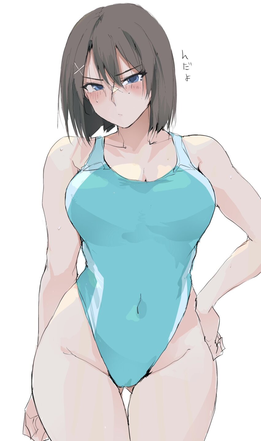 1girl bare_shoulders blue_eyes blue_one-piece_swimsuit blush breasts brown_hair cleavage competition_swimsuit covered_navel highleg highleg_one-piece_swimsuit highres large_breasts looking_at_viewer one-piece_swimsuit original solo swimsuit thighs zekkyon