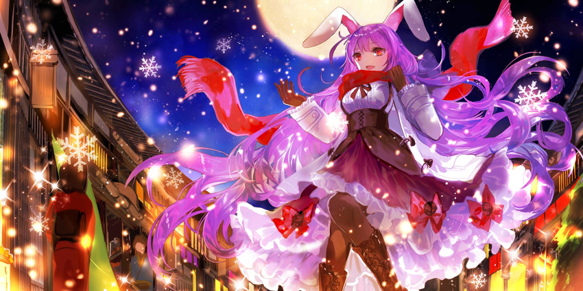 3girls alternate_costume animal_ears boots bow brown_boots brown_dress brown_gloves brown_pantyhose brown_ribbon brown_skirt center_frills coat commentary dress english_commentary frilled_skirt frilled_sleeves frills full_moon game_cg gloves high-waist_skirt highres japanese_clothes kimono long_hair long_sleeves moon multiple_girls night night_sky official_art open_clothes open_coat open_mouth outdoors pantyhose purple_hair rabbit_ears red_bow red_eyes red_scarf reisen_udongein_inaba reisen_udongein_inaba_(snow_rabbit_of_the_holy_night) ribbon rioka_(southern_blue_sky) scarf shirt skirt sky smile snowflakes snowing sparkle star_(sky) third-party_source touhou touhou_lostword very_long_hair white_coat white_shirt