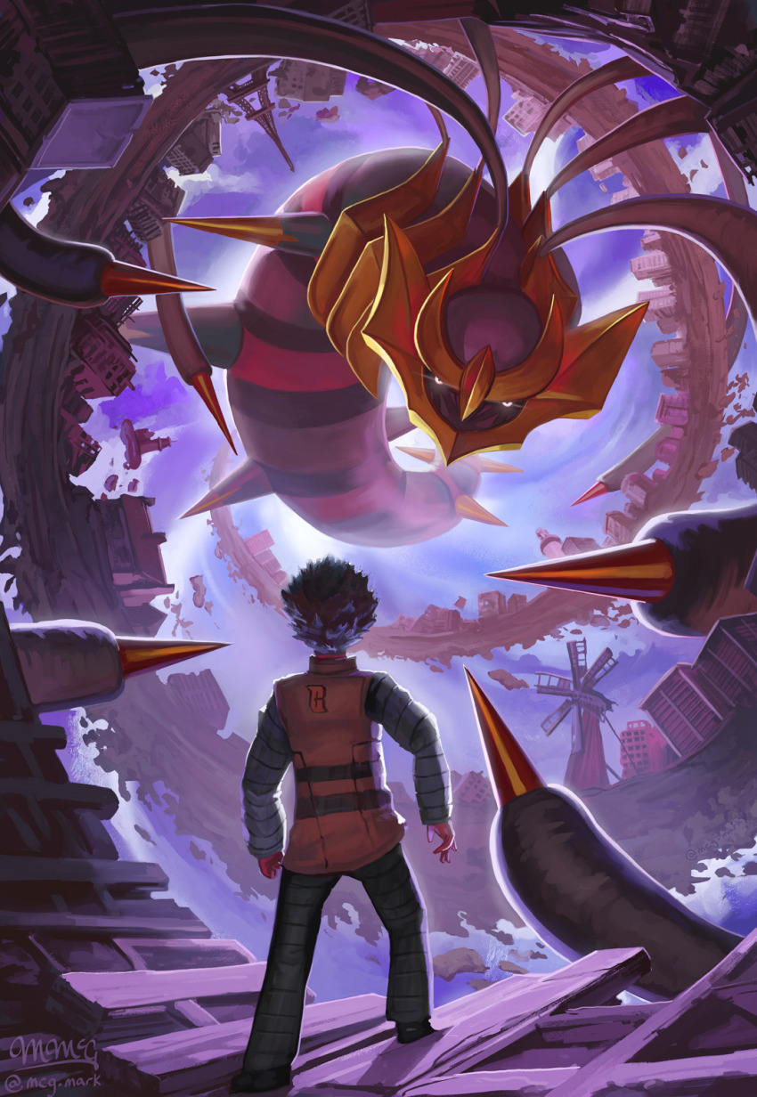 blue_hair building clenched_hand cyrus_(pokemon) distortion_world facing_away gen_4_pokemon giratina giratina_(origin) glowing glowing_eyes highres horns house legendary_pokemon long_sleeves mcgmark nintendo pants pokemon pokemon_dppt pokemon_platinum rock rooftop spiked_hair spikes spiral standing team_galactic team_galactic_logo white_eyes windmill