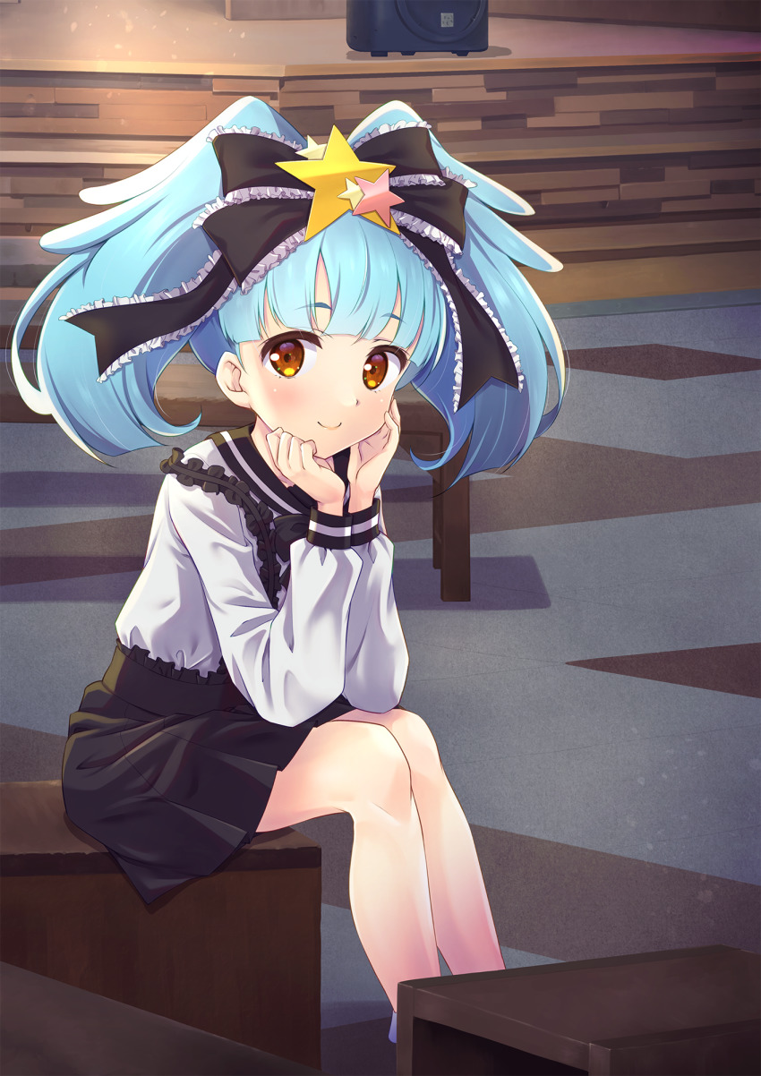 1girl black_bow black_bowtie black_skirt blue_hair blunt_bangs bow bowtie closed_mouth elbows_on_knees frilled_bow frills hair_bow hair_ornament head_rest highres hoshikawa_lily indoors long_hair long_sleeves looking_at_viewer miniskirt murasaki_atsushi pleated_skirt shirt sitting skirt smile solo star_(symbol) star_hair_ornament twintails white_shirt yellow_eyes zombie_land_saga