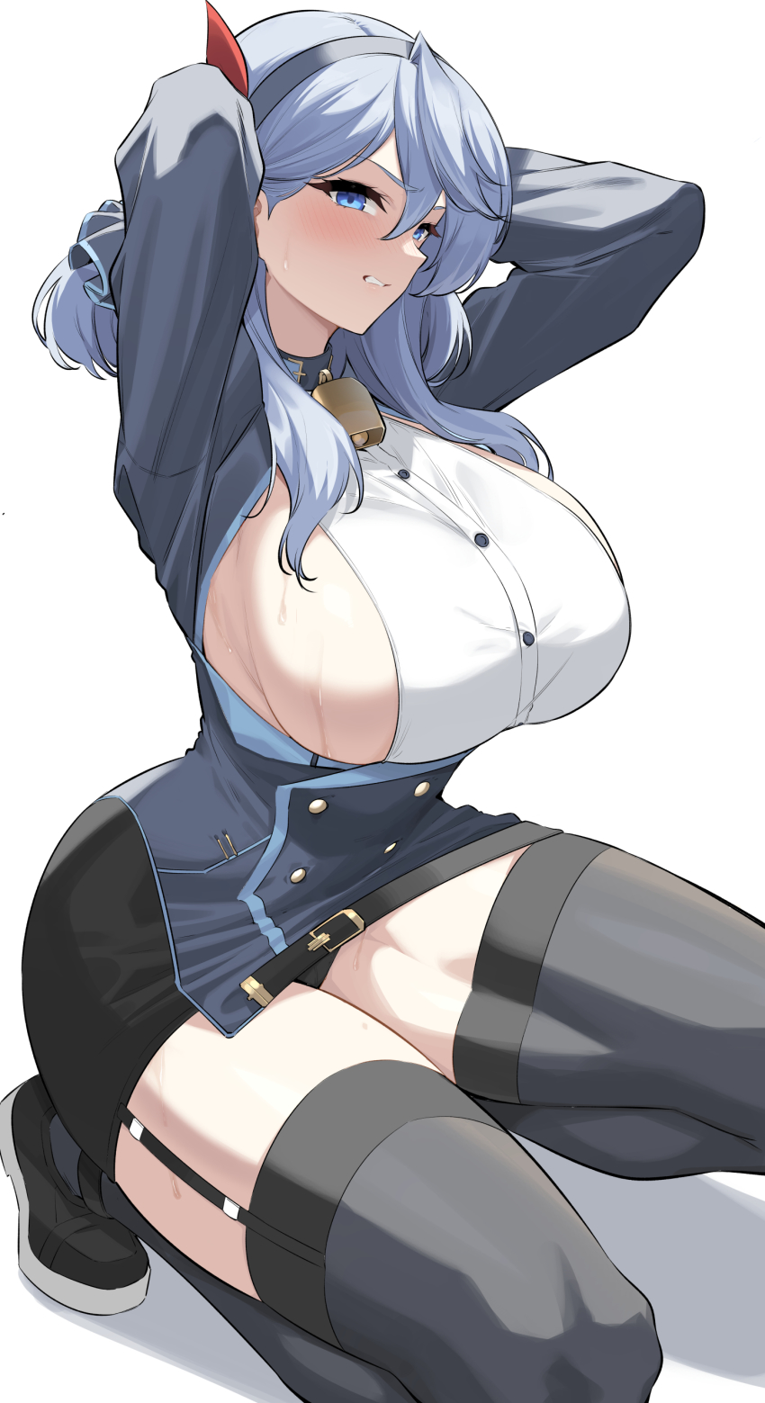 1girl absurdres ako_(blue_archive) arms_up bell black_panties black_shoes black_skirt black_thighhighs blue_archive blue_eyes blue_hair blue_hairband blush breasts commentary_request garter_straps hair_between_eyes hairband highres kneeling kook korean_commentary large_breasts looking_at_viewer medium_hair panties parted_lips shoes sideboob simple_background skirt thighhighs thighs underwear white_background