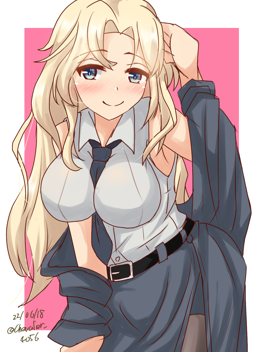 1girl belt blonde_hair blue_eyes blush breasts dated highres hornet_(kancolle) jacket kantai_collection large_breasts leaning_forward long_hair long_skirt necktie pantyhose sawatani_(chevalier_04056) shirt signature simple_background skirt smile wavy_hair white_shirt