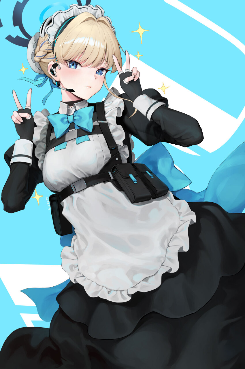 1girl absurdres apron belt belt_pouch black_choker black_dress black_gloves blonde_hair blue_archive blue_background blue_bow blue_eyes bow bowtie braid bun_cover chest_harness choker closed_mouth commentary double_v dress earpiece fingerless_gloves frilled_apron frills gloves halo hands_up harness highres juliet_sleeves long_sleeves looking_at_viewer maid maid_apron maid_headdress mole mole_under_eye multicolored_hair pouch puffy_sleeves short_hair solo streaked_hair toki_(blue_archive) v wing_collar y.i._(lave2217)