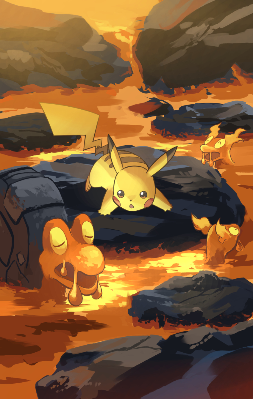 ^_^ animal_focus closed_eyes commentary_request gen_1_pokemon gen_2_pokemon highres lava magcargo nintendo no_humans open_mouth pikachu pokemon pokemon_(creature) rock slugma smile yamaori_(hakkentai_pokedan)