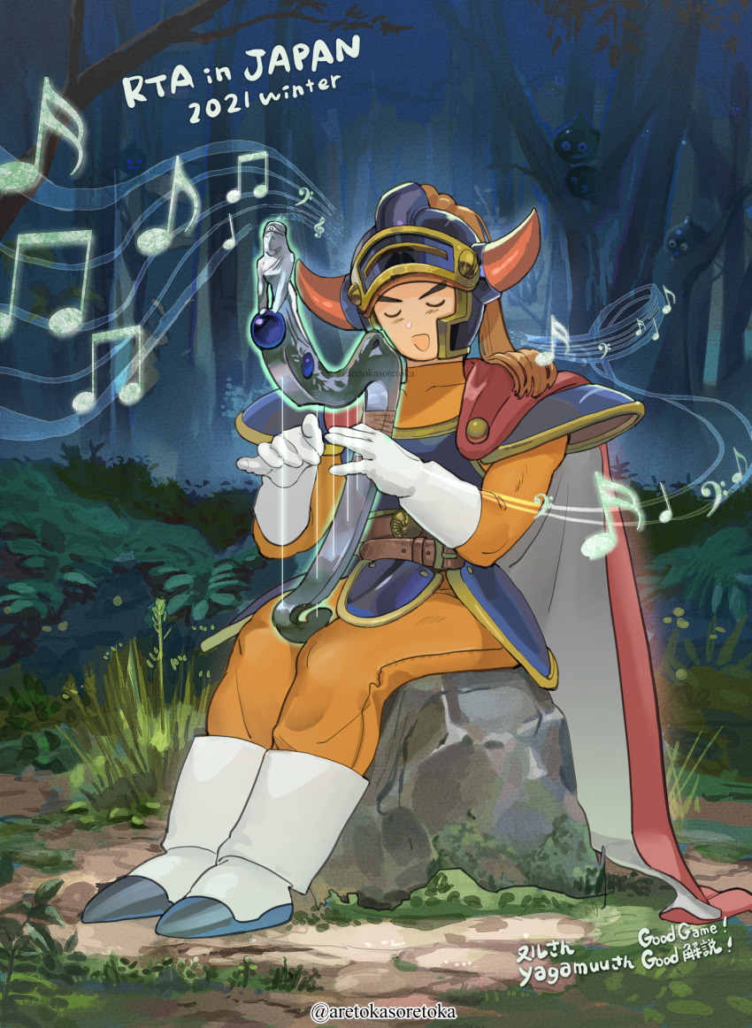 1boy absurdres aretokasoretoka armor blue_armor boots cape collarbone dragon_quest dragon_quest_i fake_horns forest gloves harp helmet hero_(dq1) highres horned_helmet horns instrument moss music musical_note musical_staff nature on_rock open_mouth orange_shirt outdoors playing_instrument red_cape shirt sitting slime_(dragon_quest) v-shaped_eyebrows white_boots white_gloves
