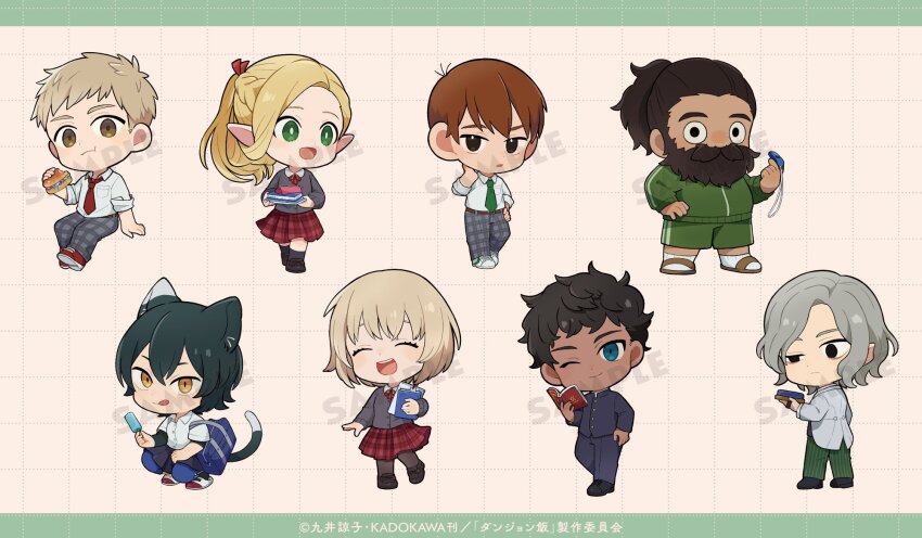3girls 5boys animal_ears beard black_eyes black_hair blazer blonde_hair blue_eyes book braid brown_background brown_hair burger cat_ears cat_girl chibi chibi_only chilchuck_tims closed_eyes curly_hair dark-skinned_male dark_skin dungeon_meshi dwarf elf facial_hair food gakuran green_eyes grey_hair grid_background gym_shorts half_up_braid halfling highres holding holding_book holding_food holding_popsicle holding_whistle izutsumi jacket kabru laios_touden lazy_eye long_hair long_sleeves looking_at_viewer marcille_donato mithrun multiple_boys multiple_girls mustache necktie notched_ear official_art one_eye_closed open_mouth pants pointy_ears ponytail popsicle promotional_art sample_watermark school_uniform senshi_(dungeon_meshi) shippo0x03 shirt short_hair shorts simple_background skirt smile sweater track_jacket uneven_eyes watermark whistle white_shirt yellow_eyes