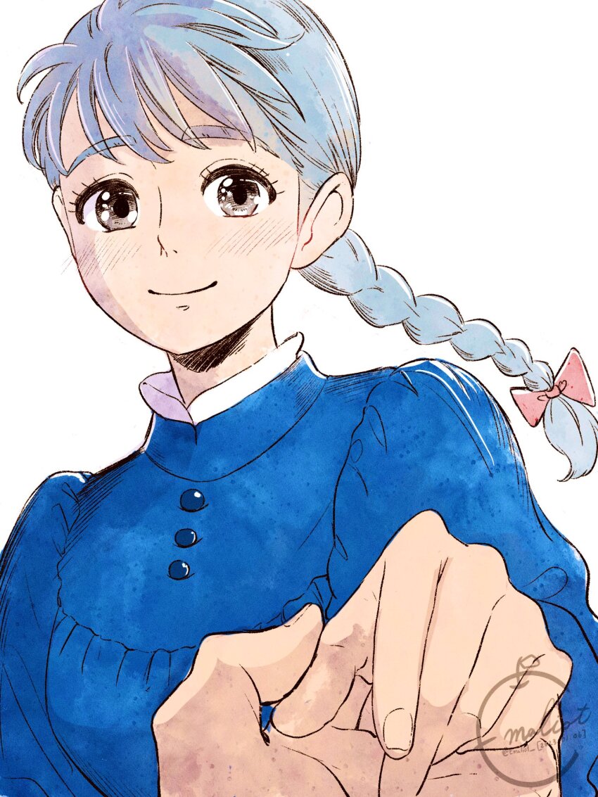 1boy 1girl blue_dress blush bow commentary_request dress emaliot grey_hair high_collar highres holding_hands howl_pendragon howl_no_ugoku_shiro pink_bow simple_background smile sophie_hatter twitter_username upper_body white_background