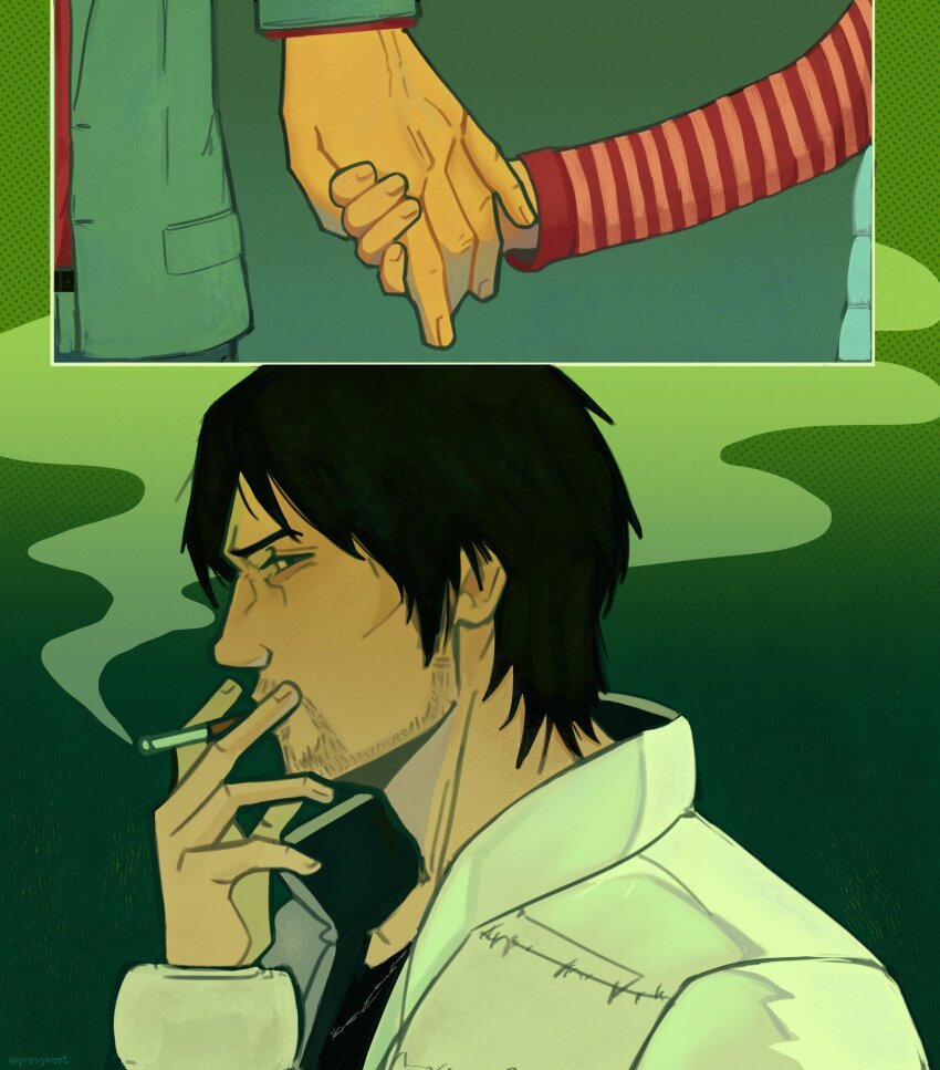 1girl 2boys black_hair black_shirt cigarette coat commentary dojima_daigo english_commentary envy facial_hair father_and_daughter gradient_background green_background grey_jacket highres holding holding_cigarette holding_hands jacket kiryu_kazuma long_sleeves looking_at_viewer multiple_boys out_of_frame p13sghost profile red_shirt ryuu_ga_gotoku_(series) ryuu_ga_gotoku_2 sawamura_haruka shirt smoke smoke_trail smoking striped_clothes striped_shirt white_coat