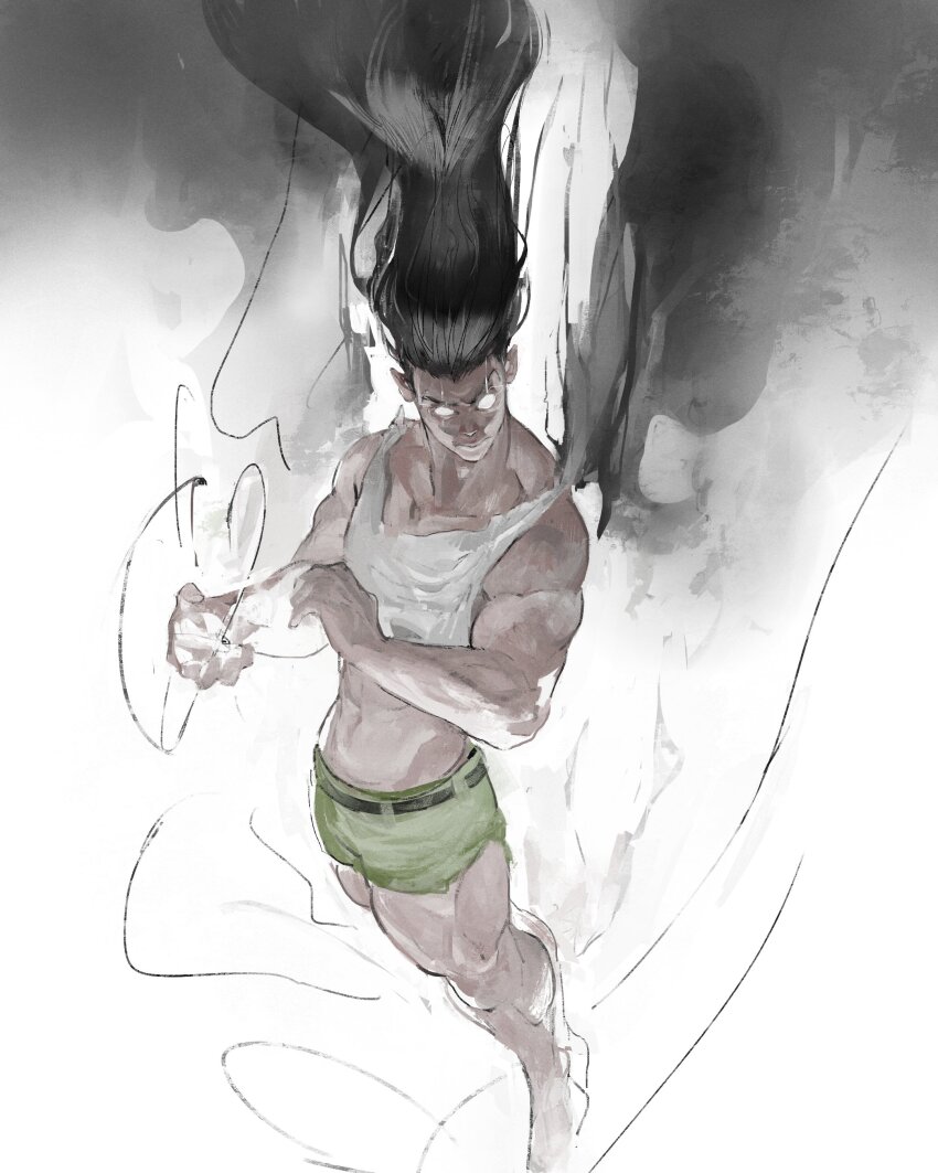 1boy absurdres aged_up bare_shoulders belt biceps black_background black_belt black_hair floating_hair glowing glowing_eyes gon_freecss gradient_background green_shorts highres hunter_x_hunter kanji_(nievart) long_hair looking_at_viewer male_focus muscular muscular_male original shaded_face shadow shirt shorts sleeveless sleeveless_shirt solo spiked_hair underlighting white_background white_shirt