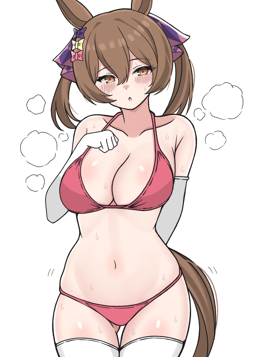 1girl :o absurdres animal_ears bikini blush bow breasts checkered_bow checkered_clothes cleavage clenched_hand commentary cowboy_shot dot_nose double-parted_bangs elbow_gloves gloves gluteal_fold hair_bow hand_on_own_chest highres horse_ears horse_girl horse_tail large_breasts looking_at_viewer navel orange_eyes parted_lips pink_bikini pink_bow puchimosu_(mosu1427) purple_bow simple_background smart_falcon_(umamusume) solo steaming_body string_bikini sweat swimsuit tail thigh_gap thighhighs thighs twintails umamusume white_background white_gloves white_thighhighs yellow_bow