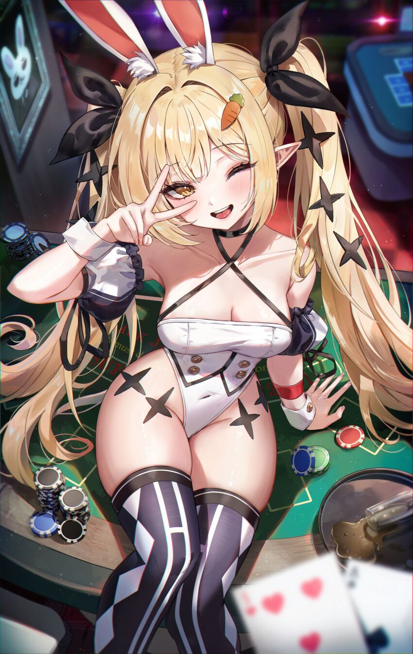 1girl ;d absurdres animal_ears arm_up armband armpits bare_shoulders black_choker black_thighhighs blonde_hair breasts buttons carrot_hair_ornament choker cleavage collarbone commentary_request commission covered_navel criss-cross_halter detached_sleeves double-breasted elf food-themed_hair_ornament hair_ornament hair_ribbon halterneck highleg highleg_leotard highres korean_commentary leotard long_hair looking_at_viewer medium_breasts mrr_05 nontraditional_playboy_bunny one_eye_closed open_mouth orange_eyes original pointy_ears poker_chip poker_table puffy_short_sleeves puffy_sleeves rabbit_ears ribbon rie_(kerinyan) second-party_source short_sleeves sidelocks sitting skindentation smile solo spaghetti_strap table thighhighs thighs twintails underbust v very_long_hair white_leotard wrist_cuffs
