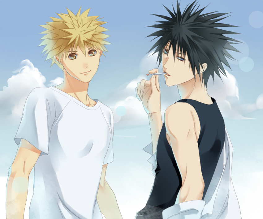 2boys amano_ginji black_hair blonde_hair blue_eyes cloud day getbackers lying male_focus midou_ban multiple_boys outdoors papillon10 short_hair sky smile yellow_eyes